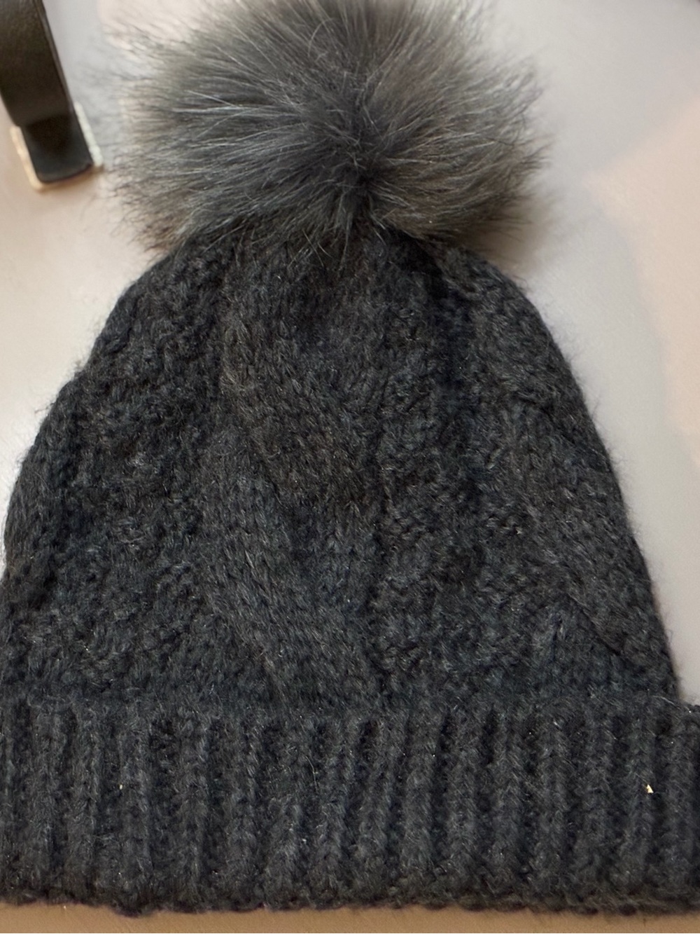 LOFT Dark Charcoal Cable-Knit Pom Hat